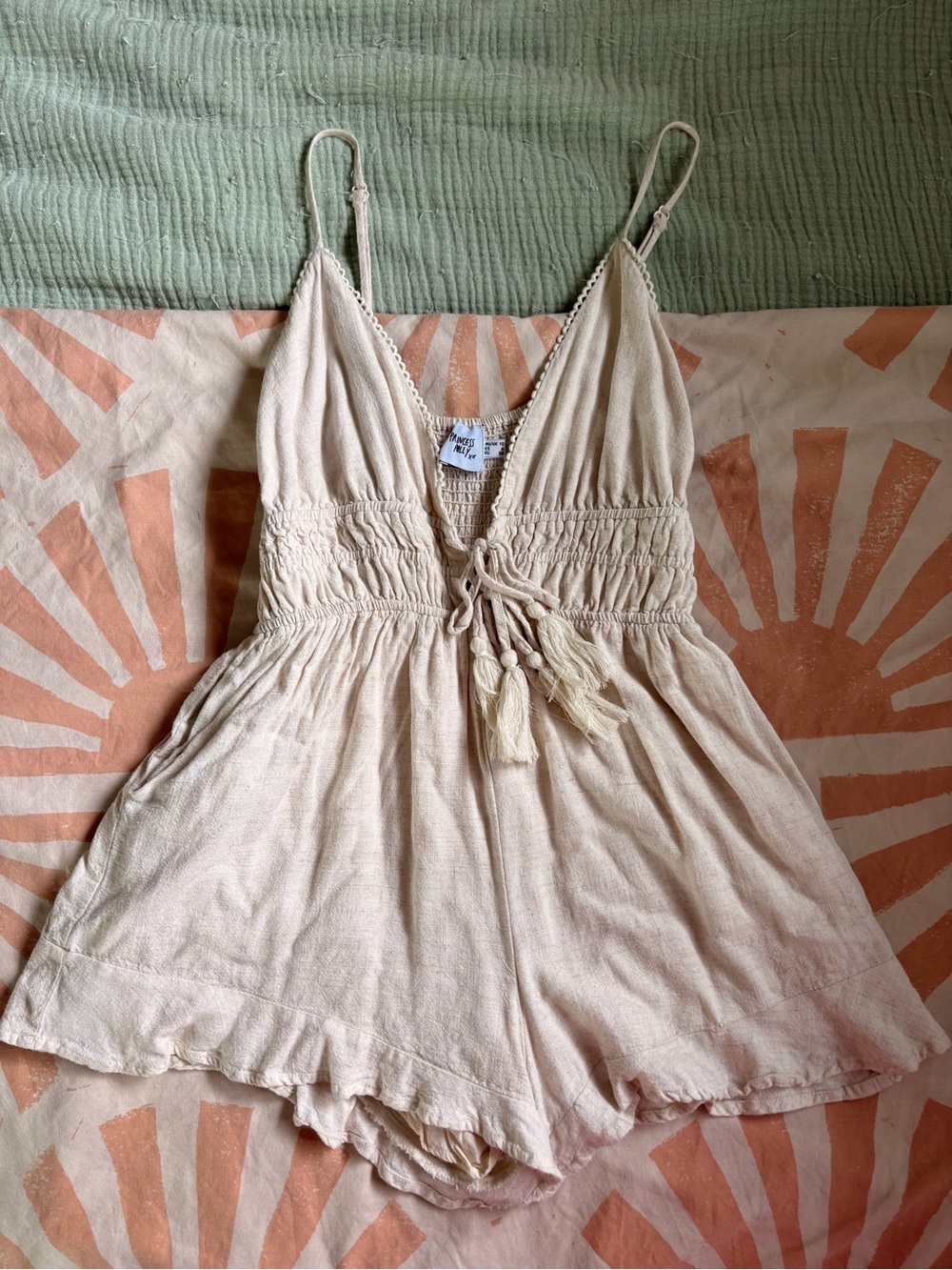 Princess Polly Cream Tassel Drawstring Smocked Romper